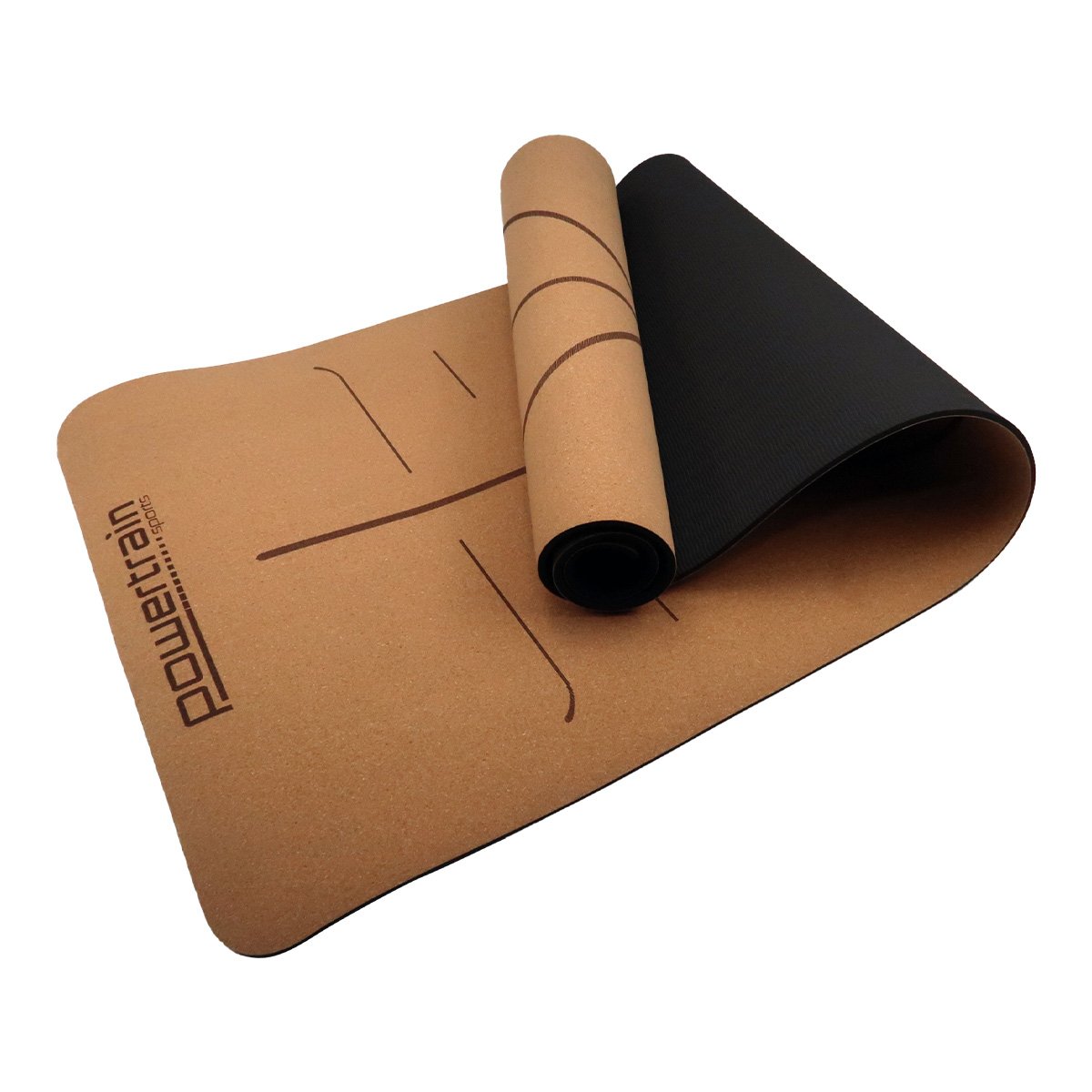 Brown and black Powertrain Cork Yoga Mat with alignment markings for home gym Pilates
