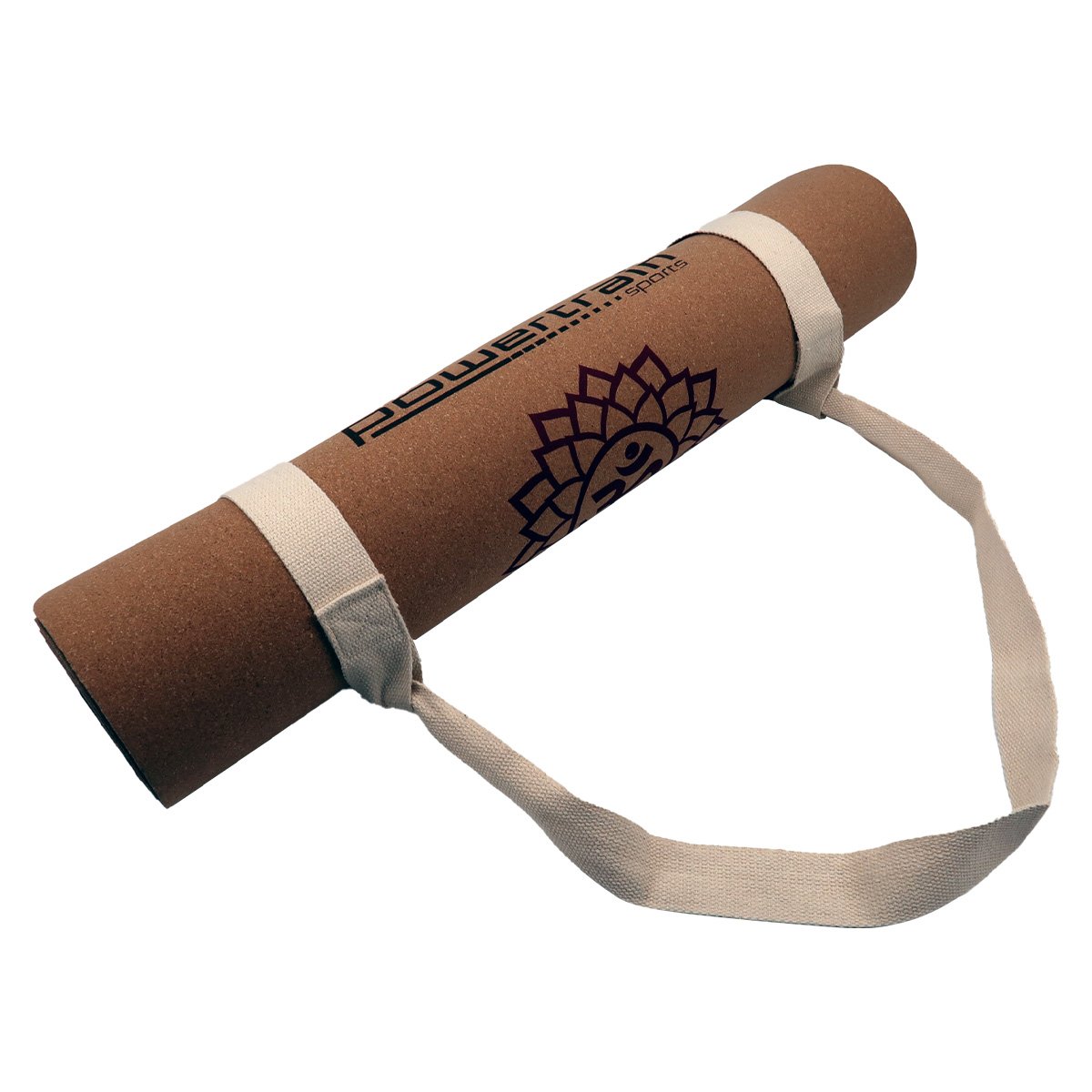 Brown Powertrain Cork Yoga Mat with mandala design and strap for home gym Pilates