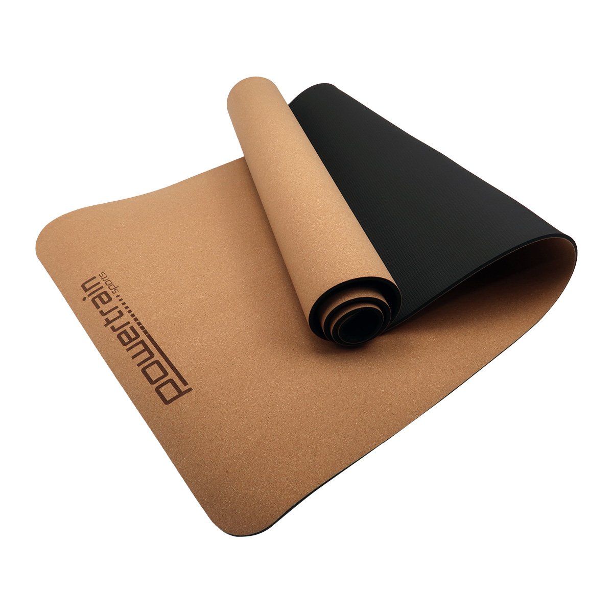 Two-toned cork yoga mat with carry straps, ideal for Powertrain home gym Pilates