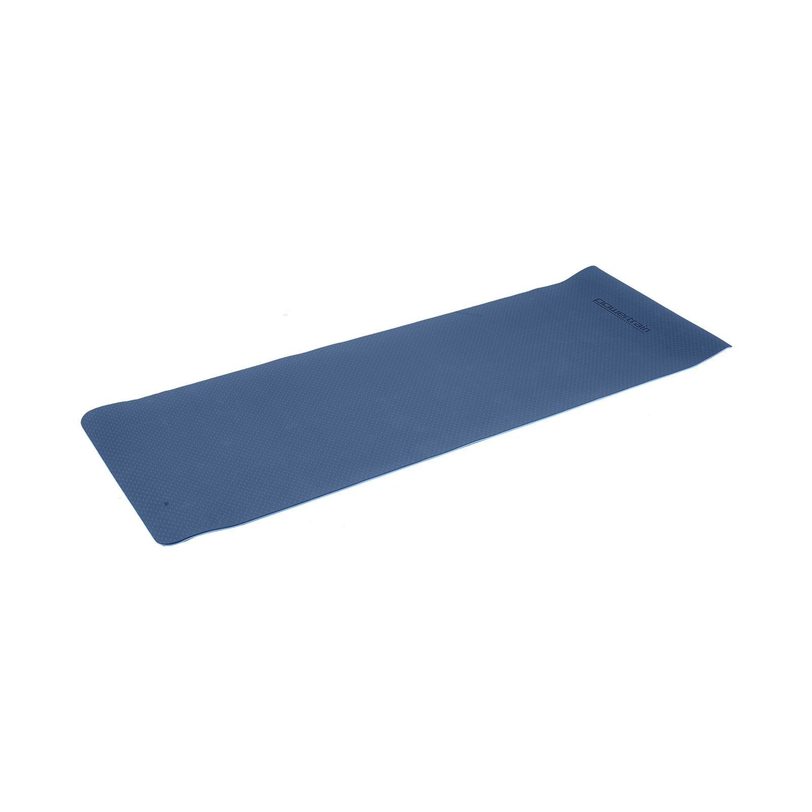 Blue exercise mat showcasing Powertrain Dual Layer 8mm design with non-slip surface