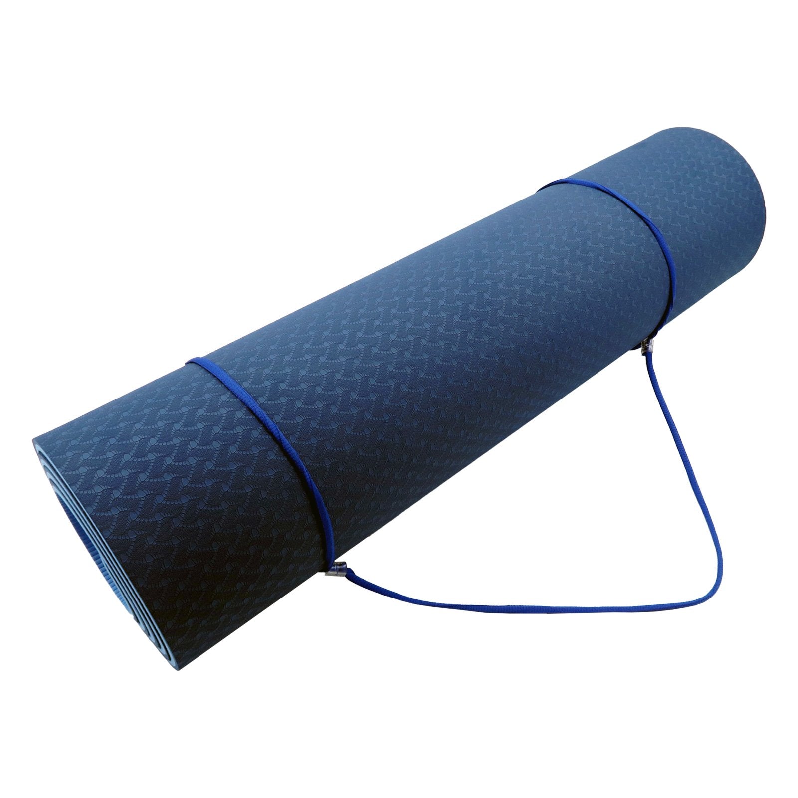 Navy blue Powertrain Dual Layer 8mm Yoga Mat featuring a non-slip surface and strap