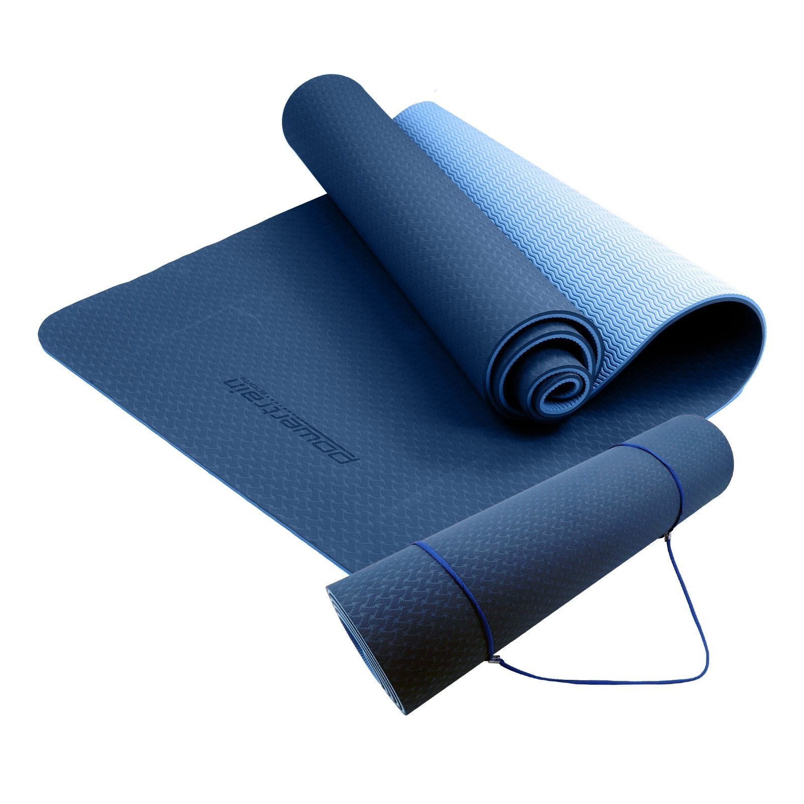 Blue Powertrain Dual Layer 8mm Yoga Mat with non-slip surface and carrying strap