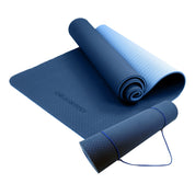 Blue Powertrain Dual Layer 8mm Yoga Mat with non-slip surface and carrying strap