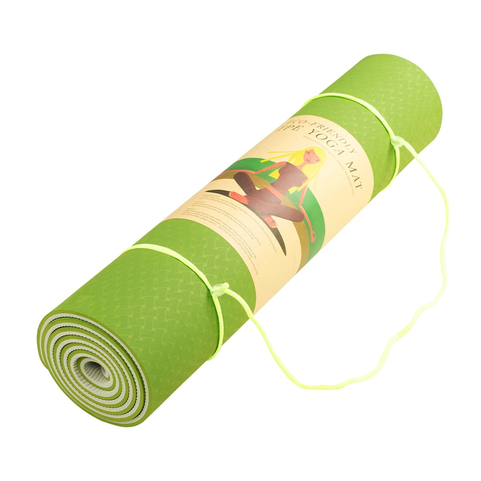 Rolled-up Powertrain Dual Layer 8mm Yoga Mat with tan label and carrying strap