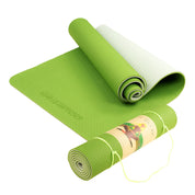 Bright green Powertrain Dual Layer 8mm Yoga Mat partially rolled with paper band