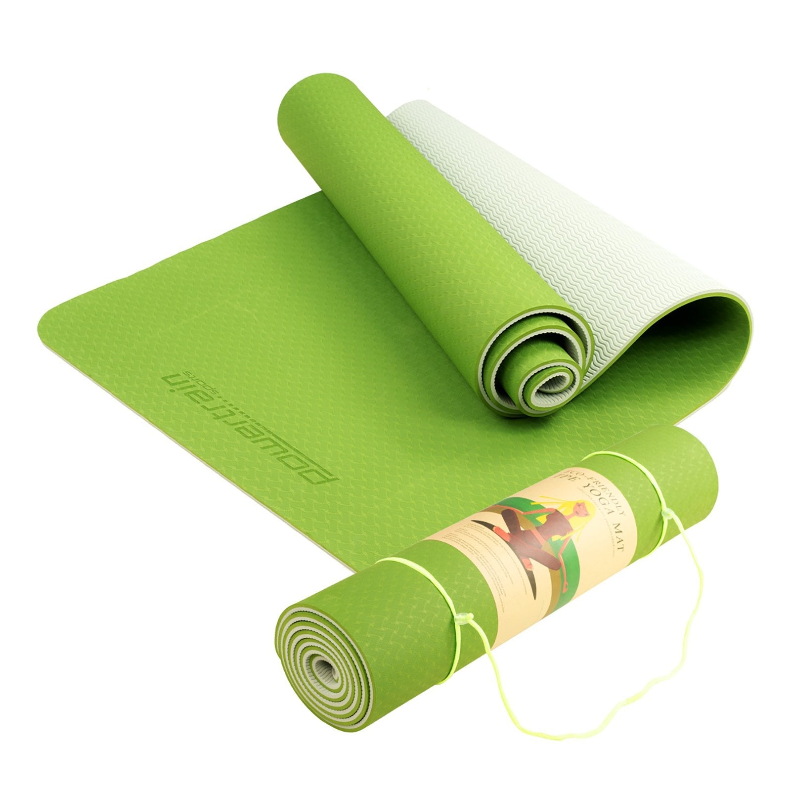 Bright green Powertrain Dual Layer 8mm Yoga Mat partially rolled with paper band