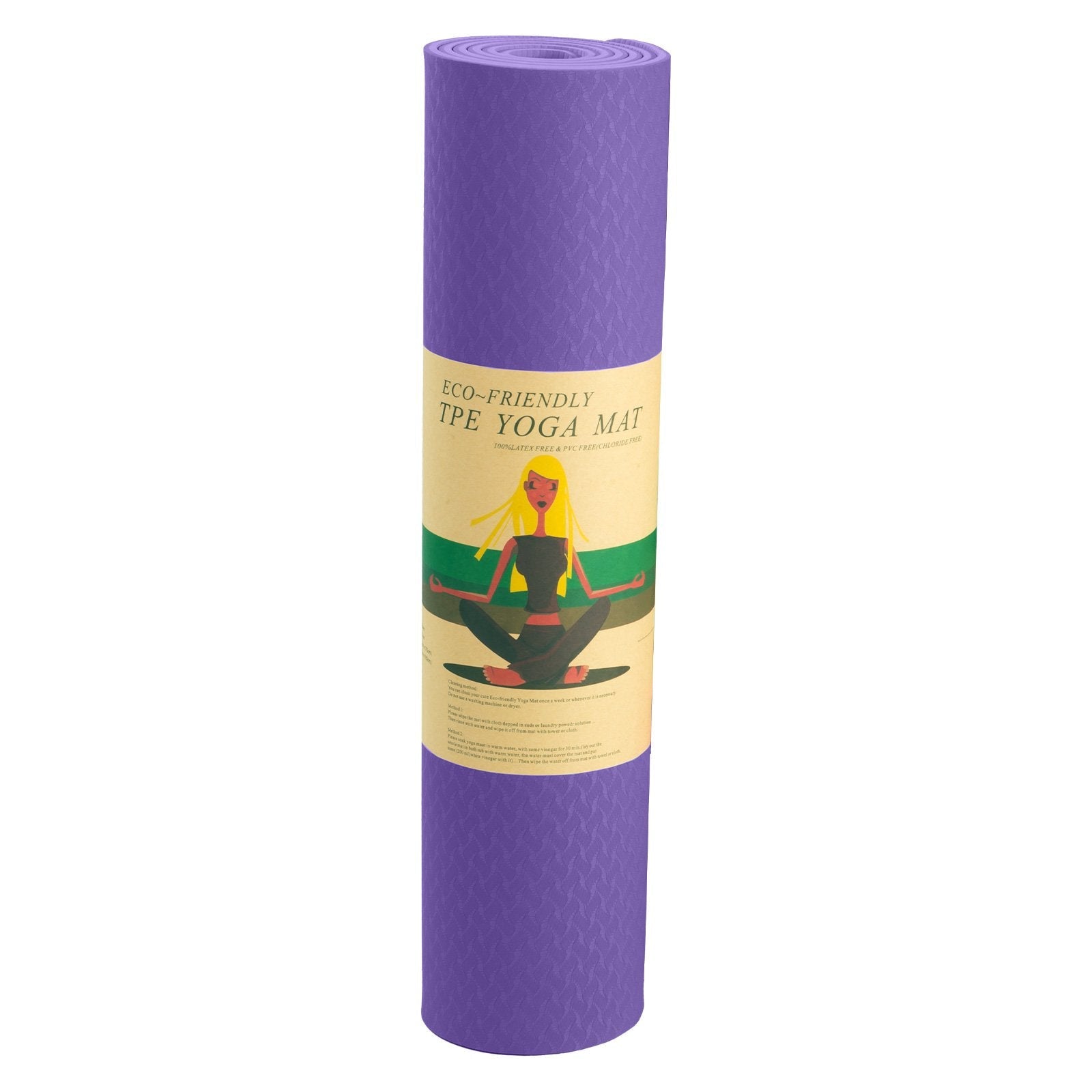 Purple Powertrain Yoga Mat with meditation pose label, eco-friendly dual layer 6mm design