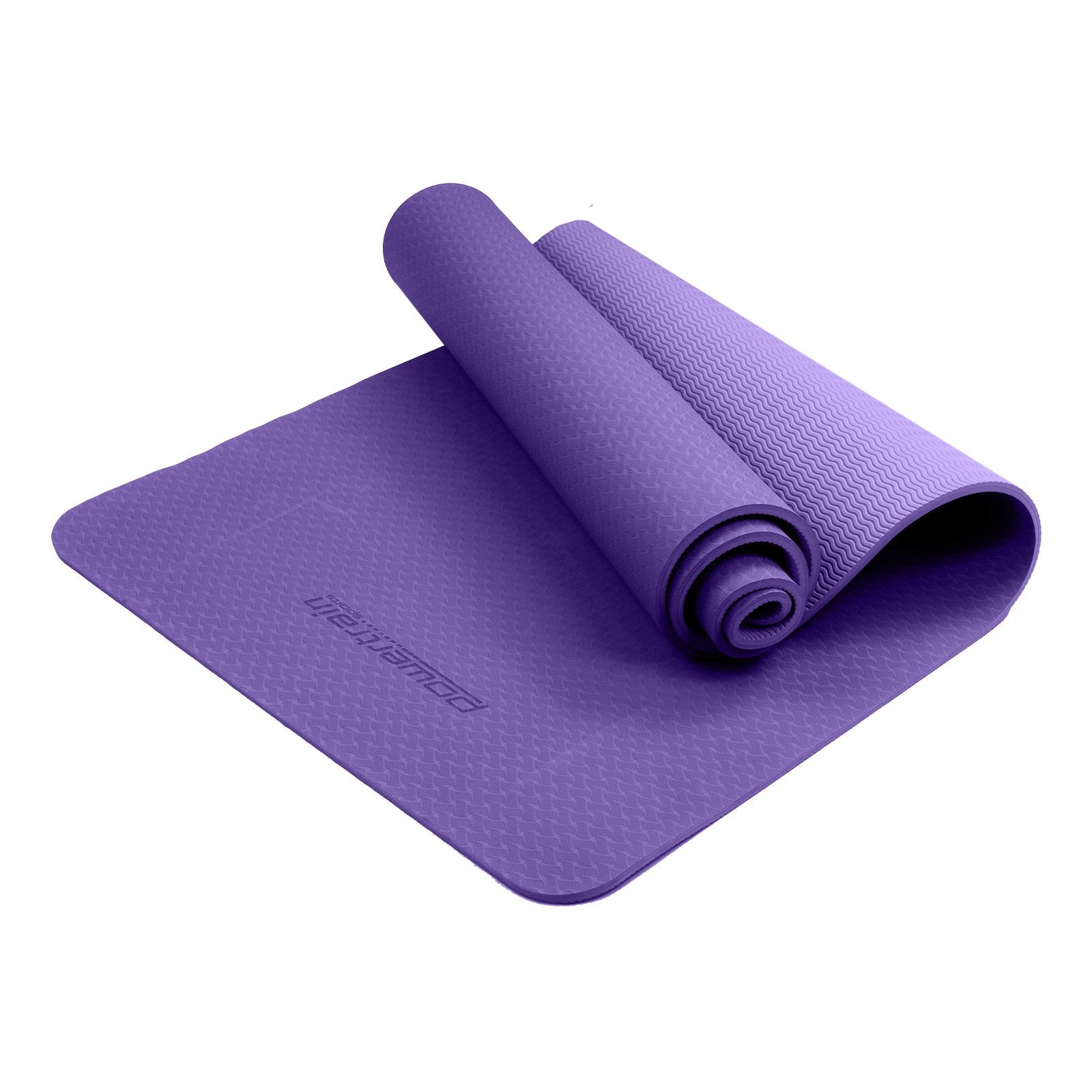 Purple Powertrain Eco-friendly Dual Layer 6mm Yoga Mat rolled up showcasing non-slip surface