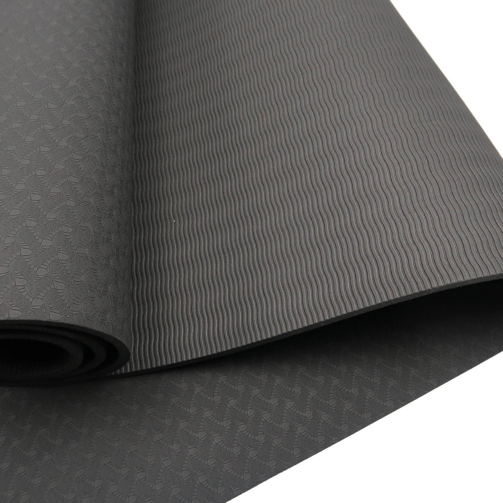 Black textured Powertrain yoga mat with ribbed pattern, dual layer 6mm for comfort