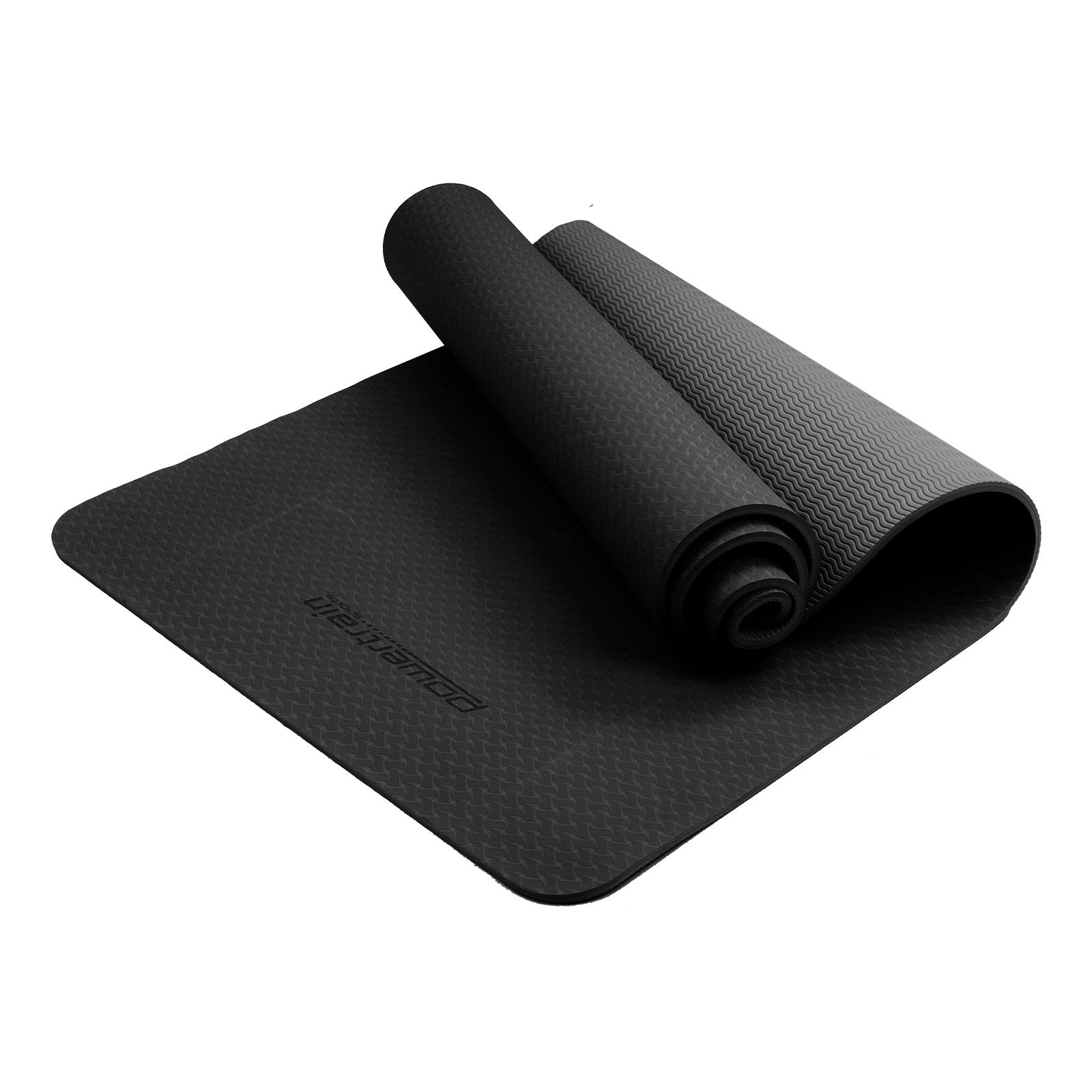 Black Powertrain yoga mat partially rolled up, featuring dual layer 6mm for comfort