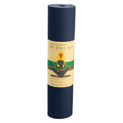 Navy Powertrain Yoga Mat with tan label and meditation pose, dual layer 6mm design