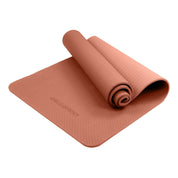 Terracotta Powertrain Eco-friendly Dual Layer 6mm Yoga Mat partially rolled up, non-slip