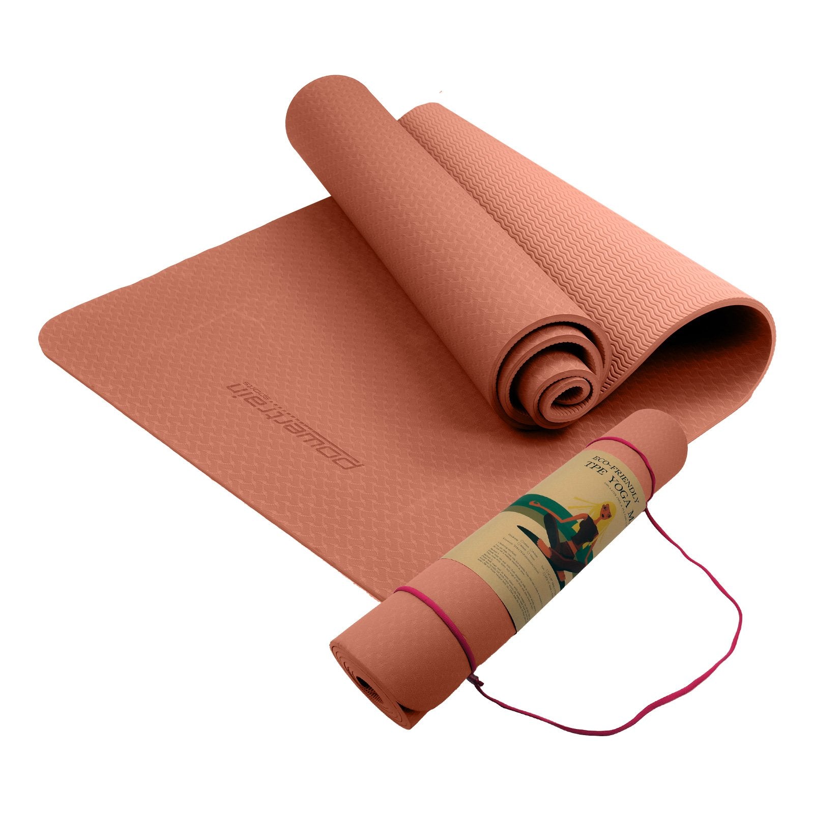 Rolled-up Powertrain Eco-friendly Dual Layer 6mm Yoga Mat in coral with carrying strap