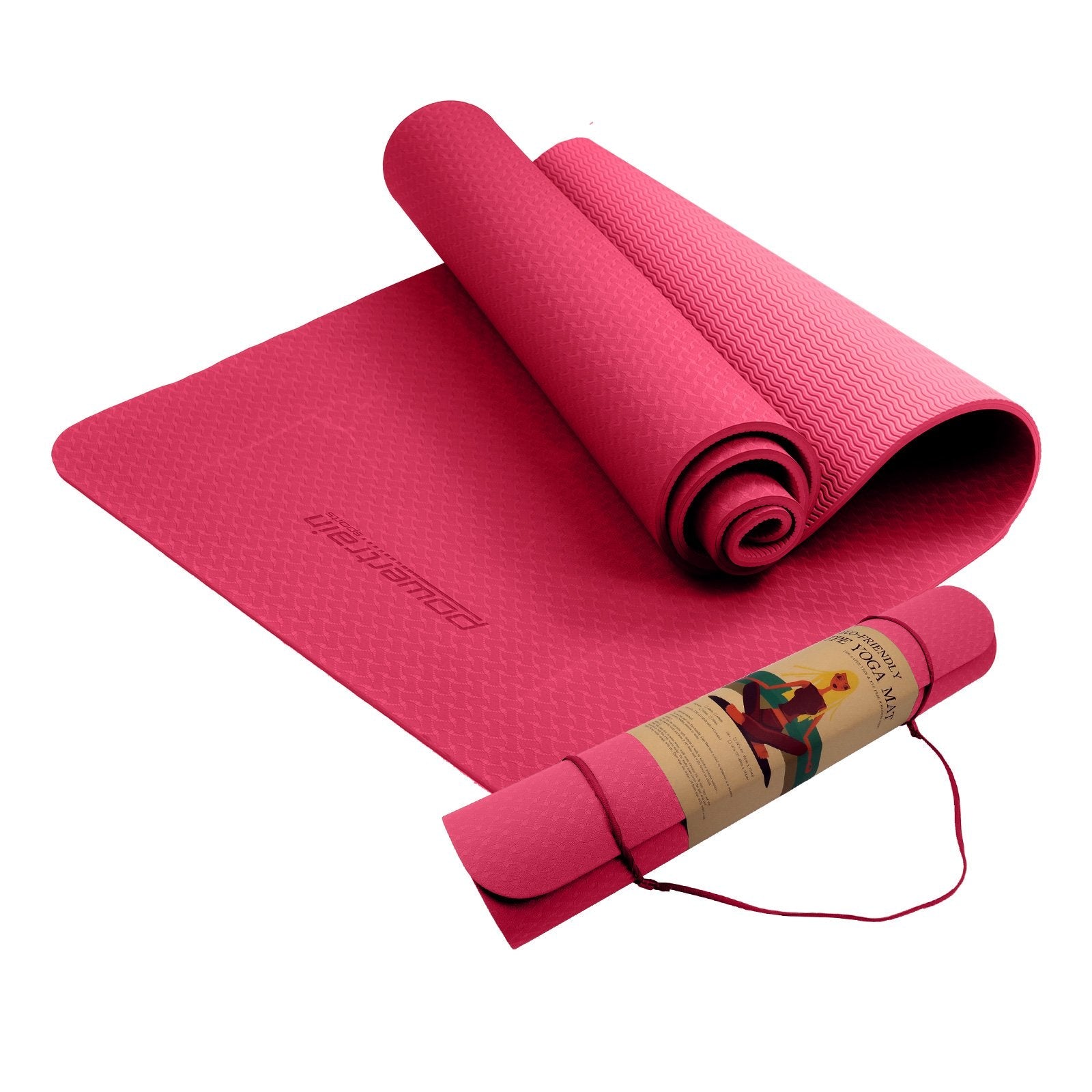 Pink Powertrain Eco-friendly Dual Layer 6mm Yoga Mat with carrying strap, partially rolled