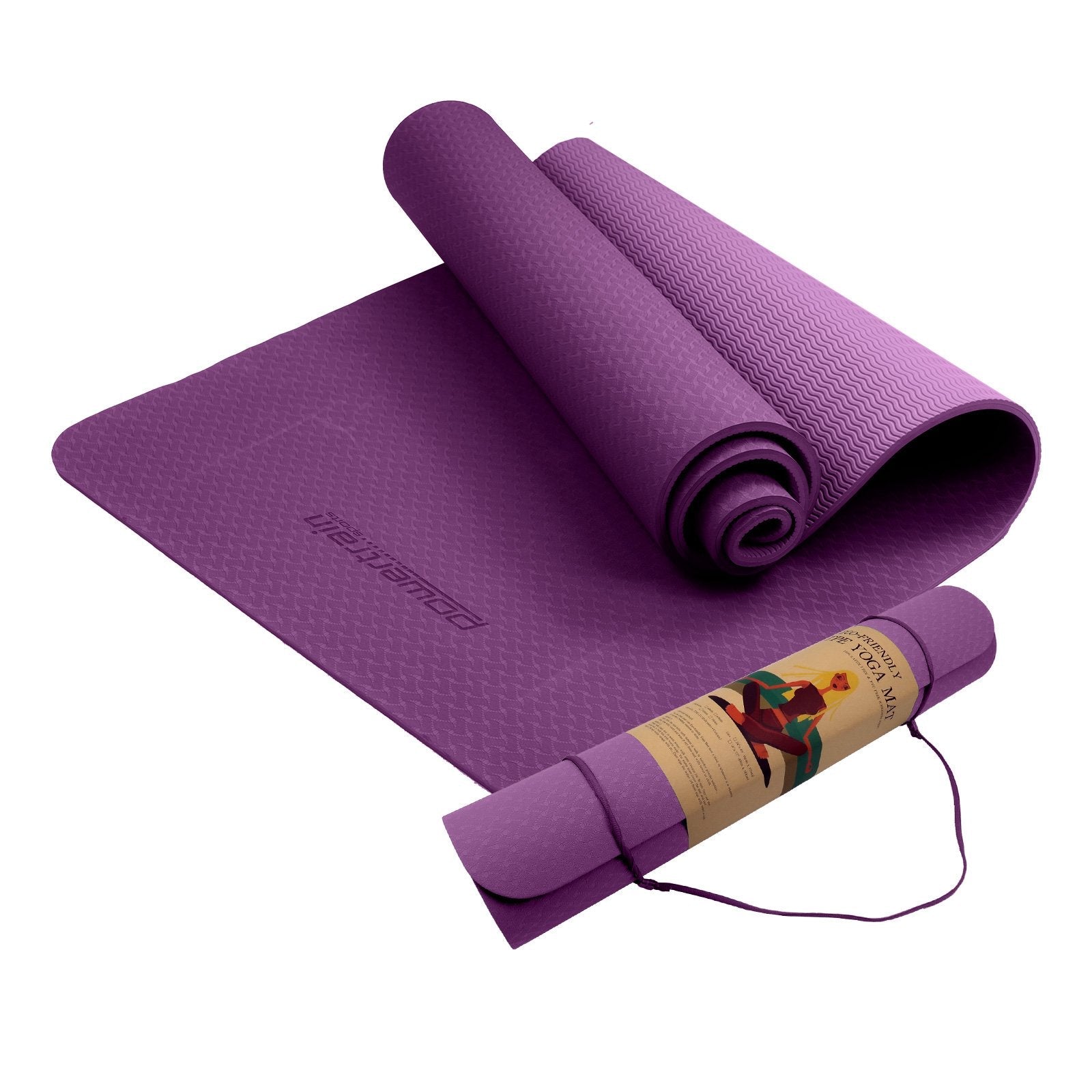 Purple Powertrain Yoga Mat partially rolled up with carrying strap, dual layer 6mm design