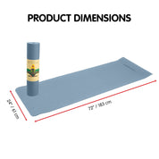 Gray Powertrain Yoga Mat with dimensions, showcasing dual layer 6mm design and features