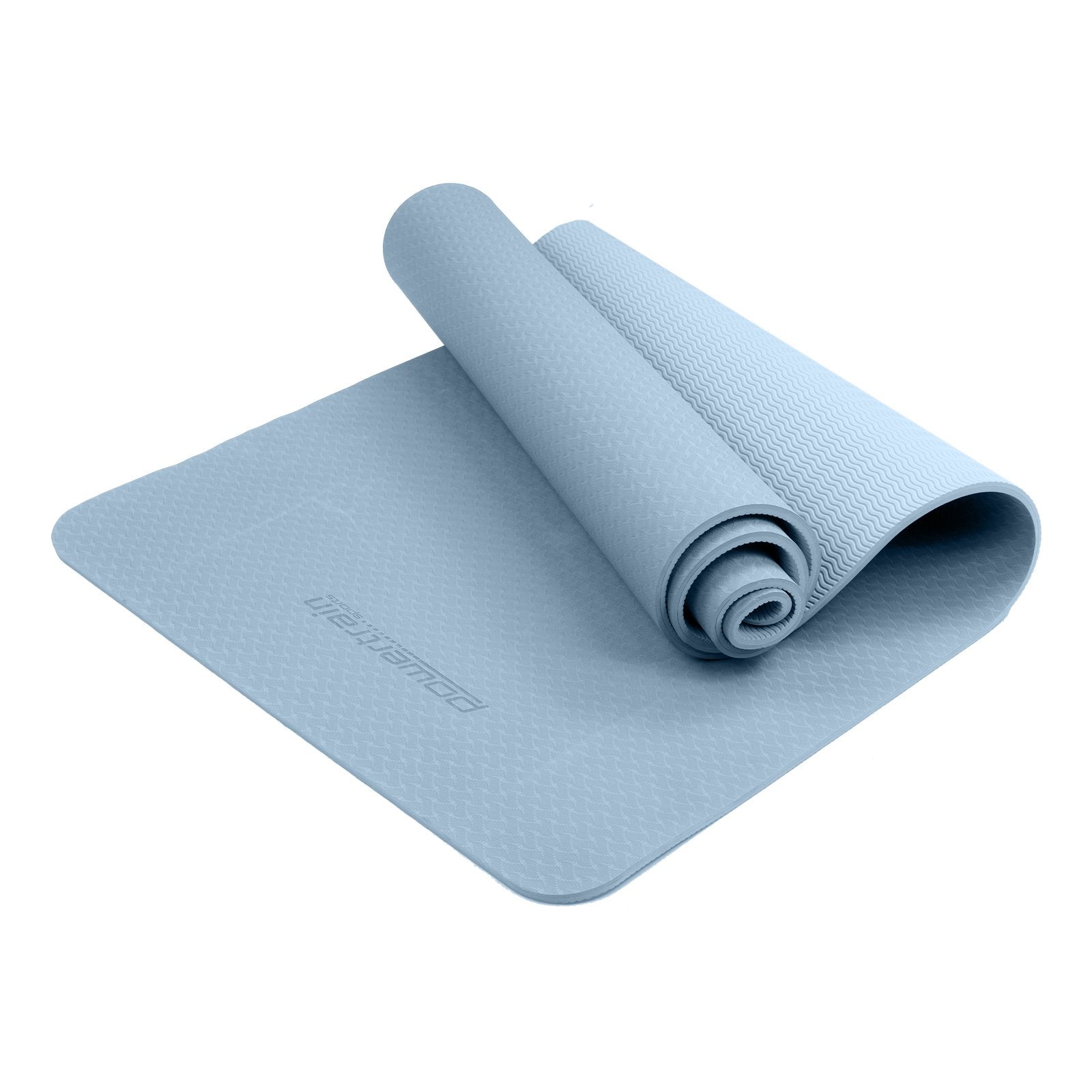 Light blue Powertrain Eco-friendly Dual Layer 6mm Yoga Mat partially rolled up