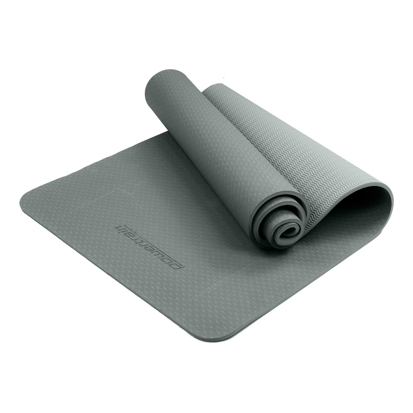 Gray textured Powertrain Yoga Mat partially rolled up showcasing dual layer 6mm design