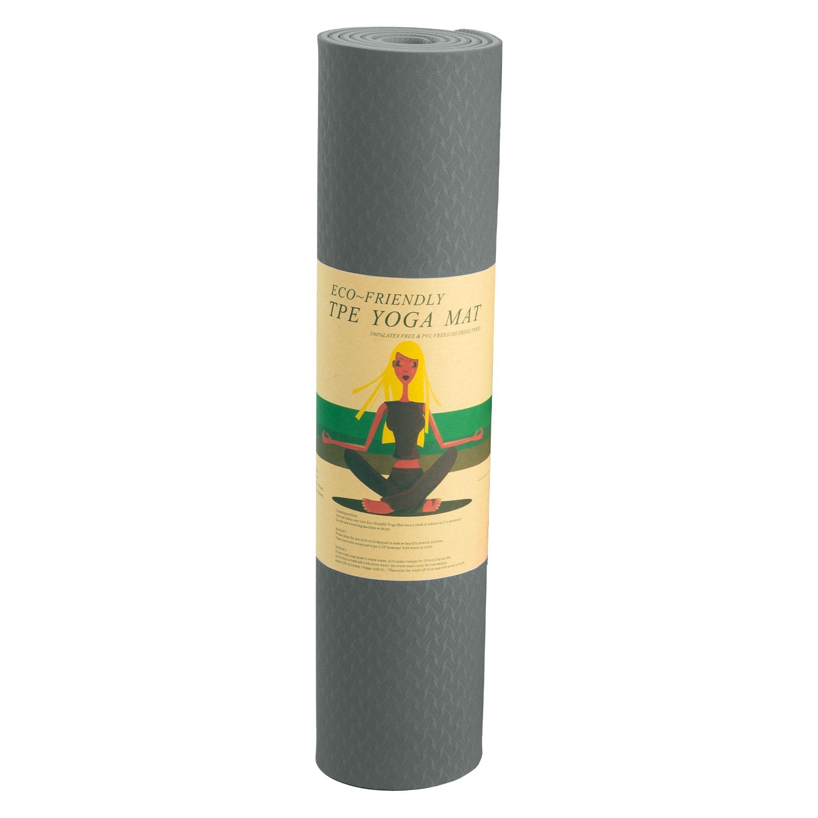 Gray Powertrain Yoga Mat with beige label and meditation pose illustration on dual layer 6mm