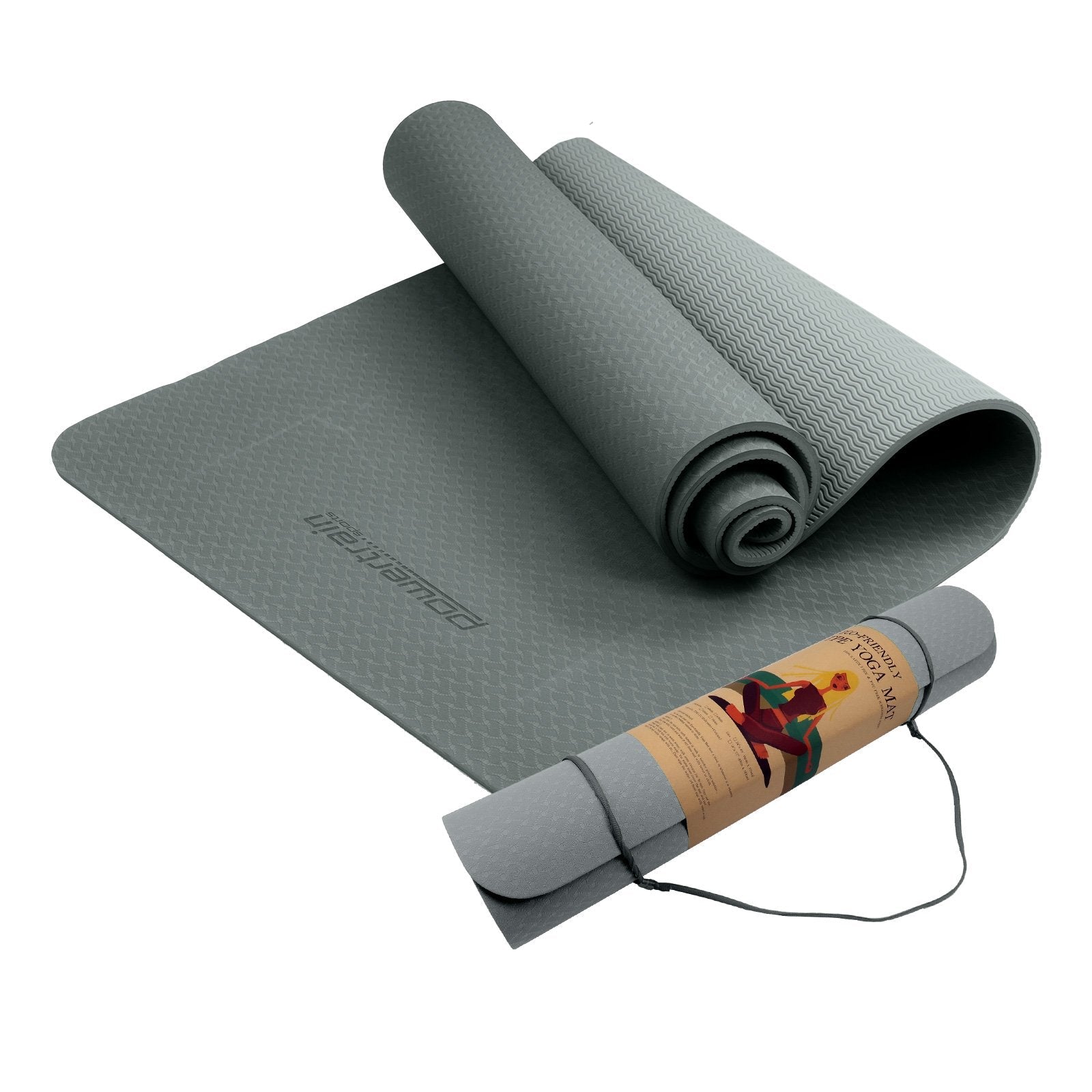 Gray Powertrain Eco-friendly Dual Layer 6mm Yoga Mat with carrying strap partially rolled up