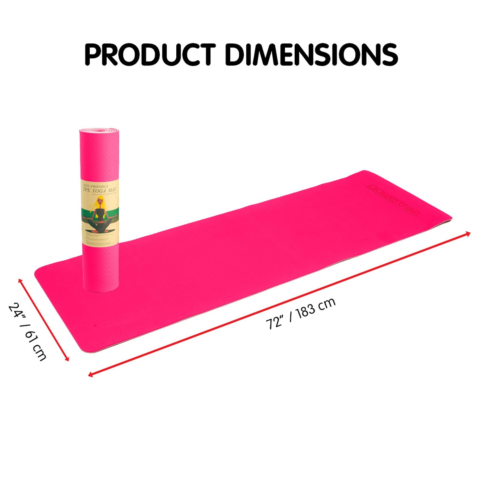 Hot Pink Powertrain Eco-friendly Dual Layer 8mm Yoga Mat with Non-slip Surface and dimensions