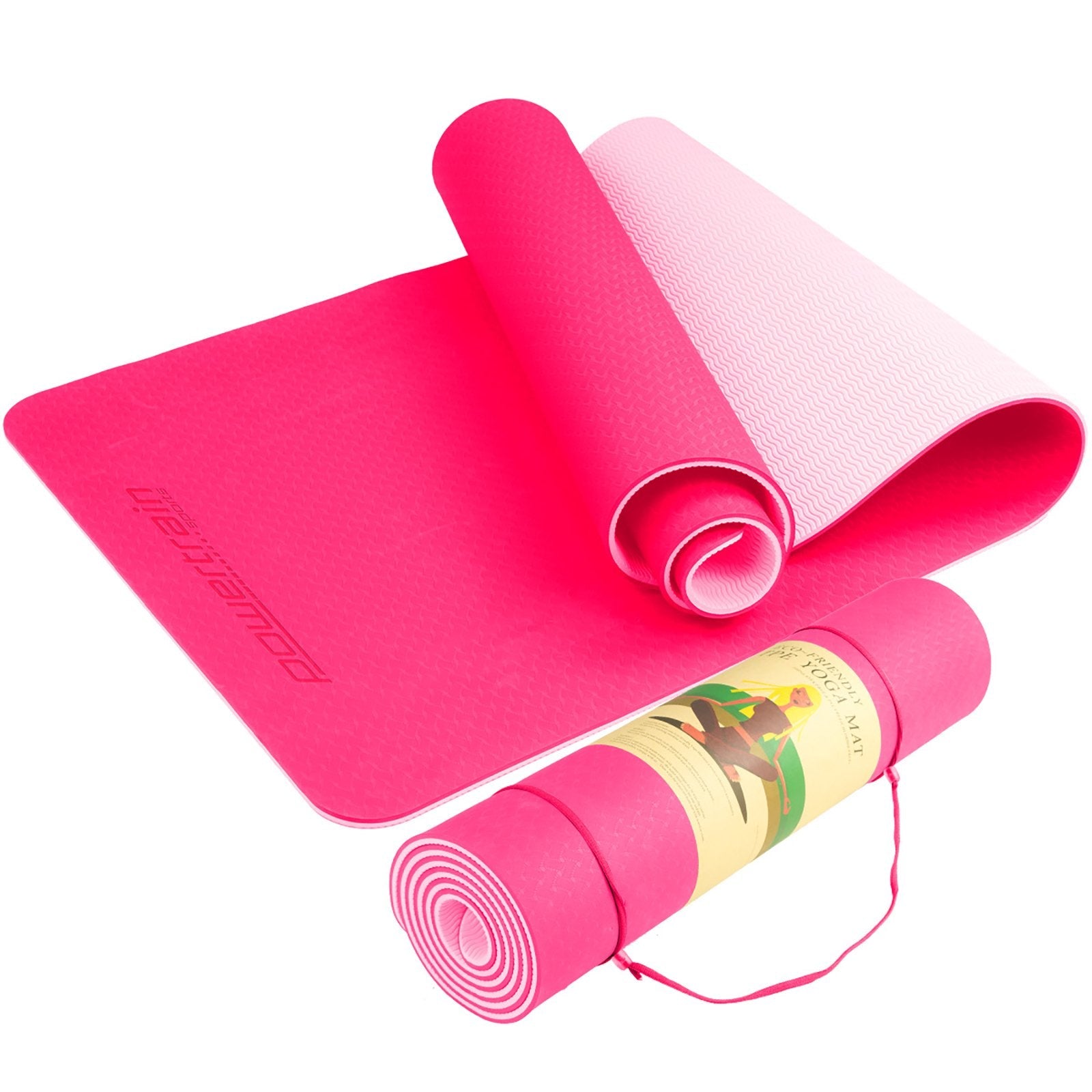 Pink Powertrain Eco-friendly Dual Layer 8mm Yoga Mat with Carry Strap and Non-slip Surface