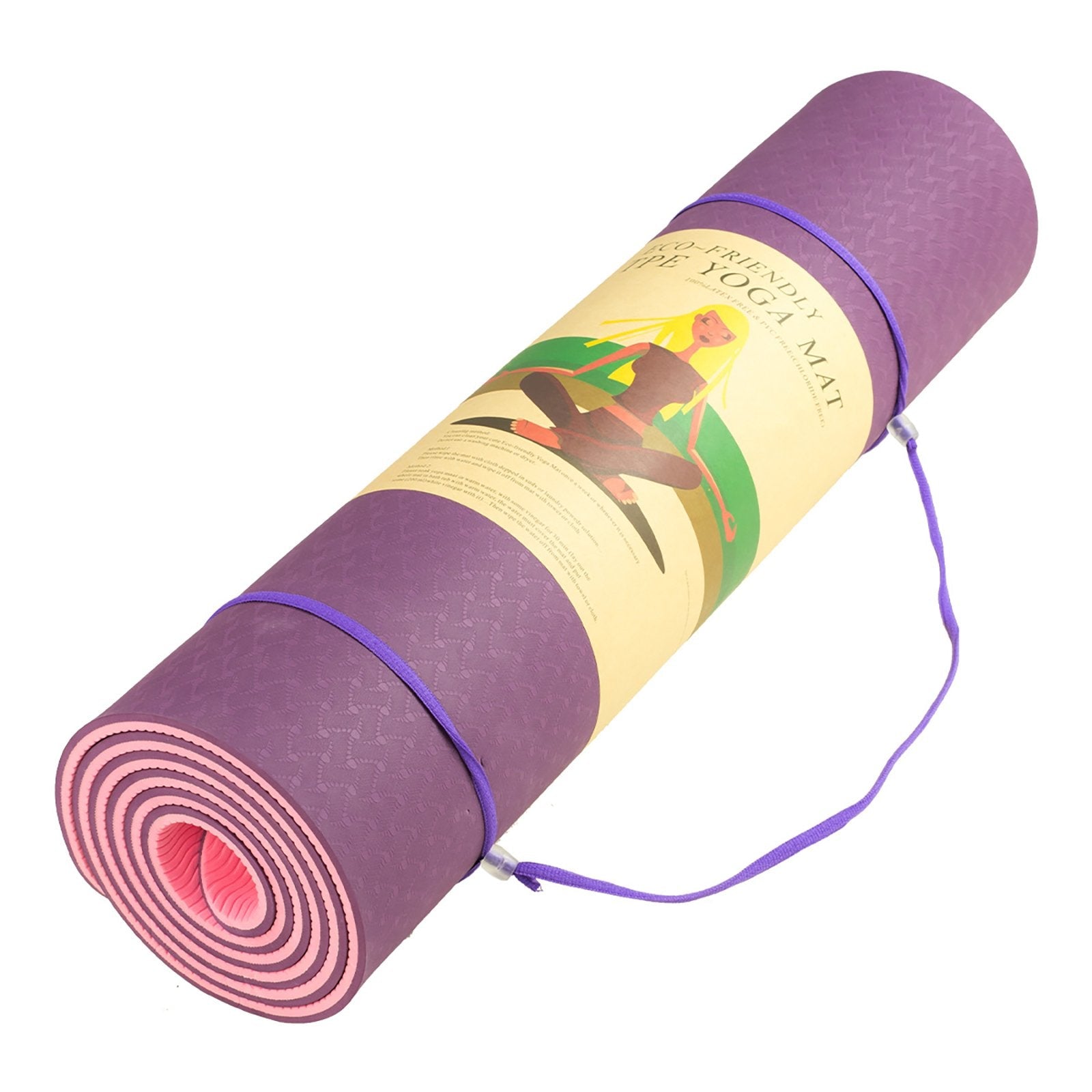 Purple and pink dual layer 8mm yoga mat with non-slip surface and carrying strap