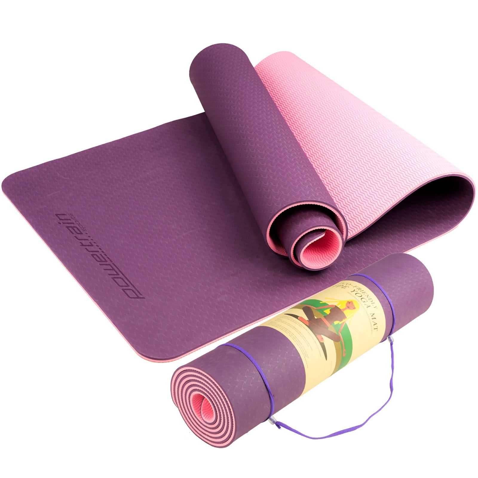 Two-toned purple and pink dual layer 8mm yoga mat with non-slip surface, rolled and unrolled