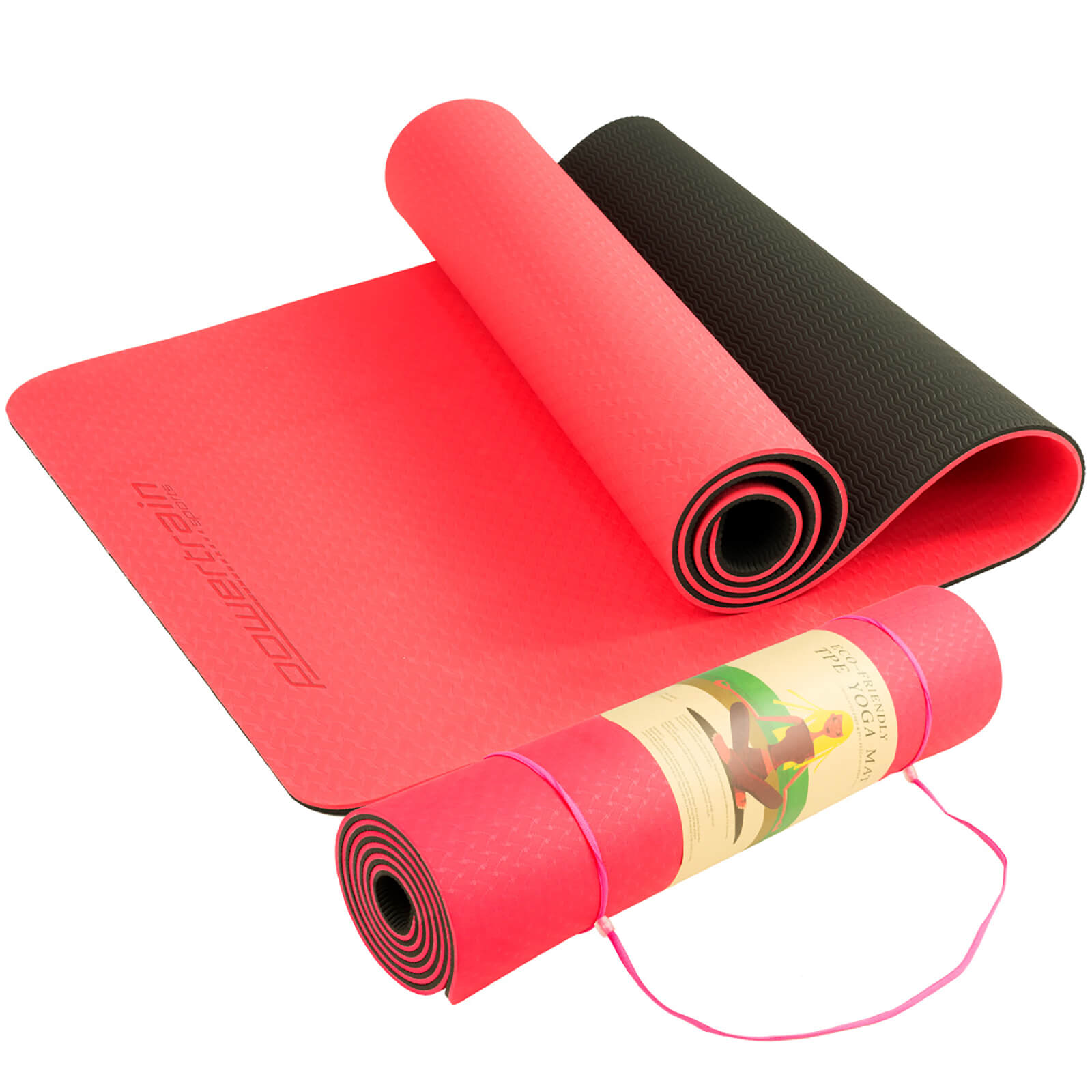 Red and black dual layer 8mm yoga mat with carrying strap and non-slip surface