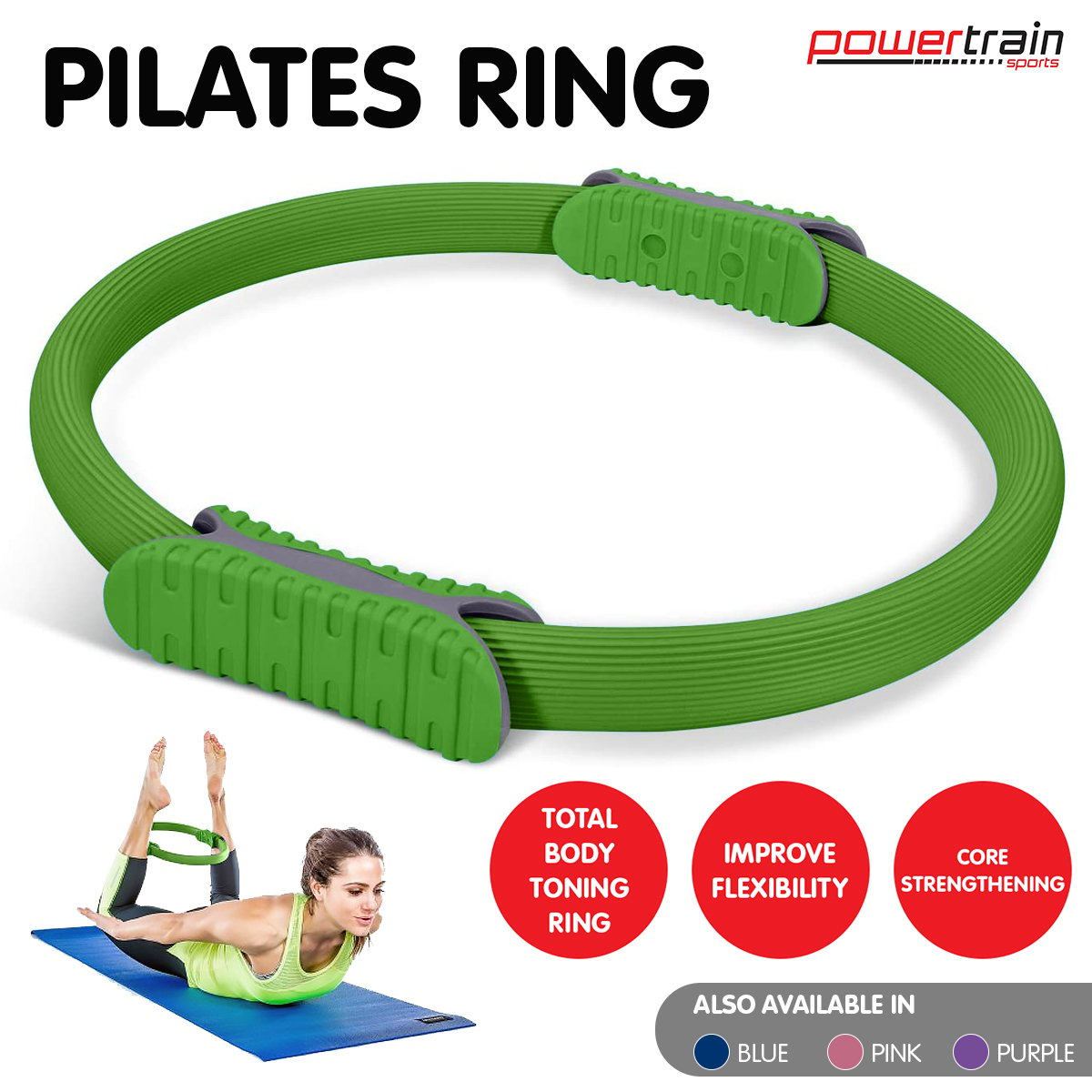 Powertrain Pilates Ring Band Yoga Home Workout Exercise Band Green - Sports & Fitness > Exercise Gym & Fitness > Yoga &