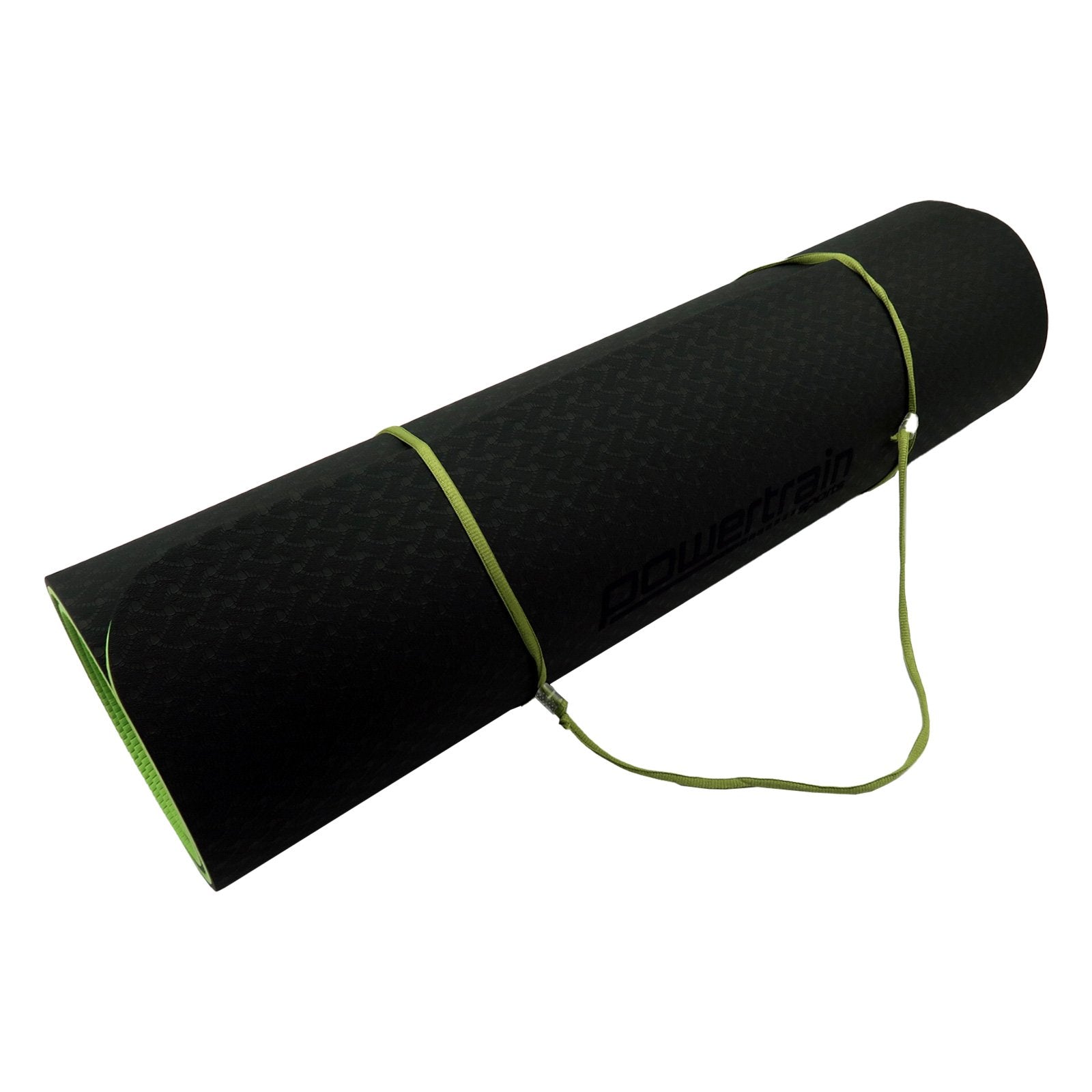 Black Yoga Mat with Green Trim and Strap - Powertrain TPE Pilates Exercise Yoga Mat 8mm