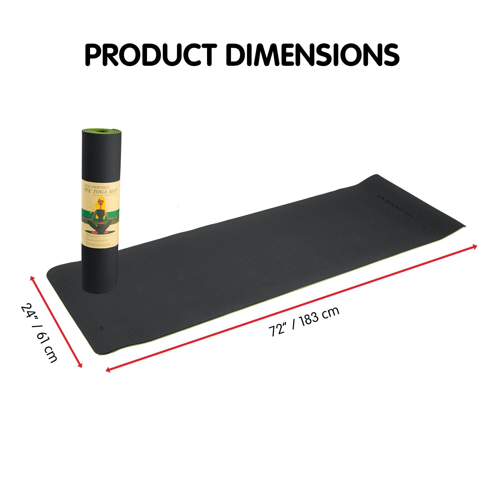 Black rectangular Powertrain TPE Pilates Exercise Yoga Mat 8mm with dimensions displayed