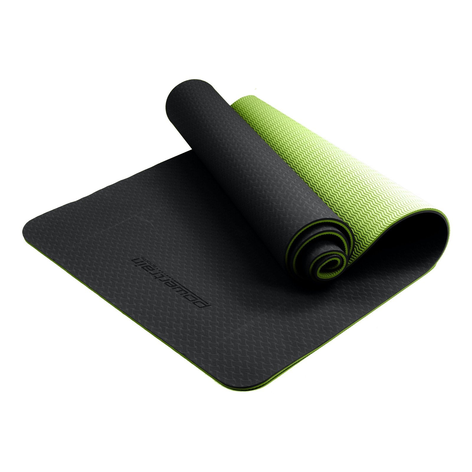 Black TPE Pilates exercise yoga mat with lime green trim by Powertrain