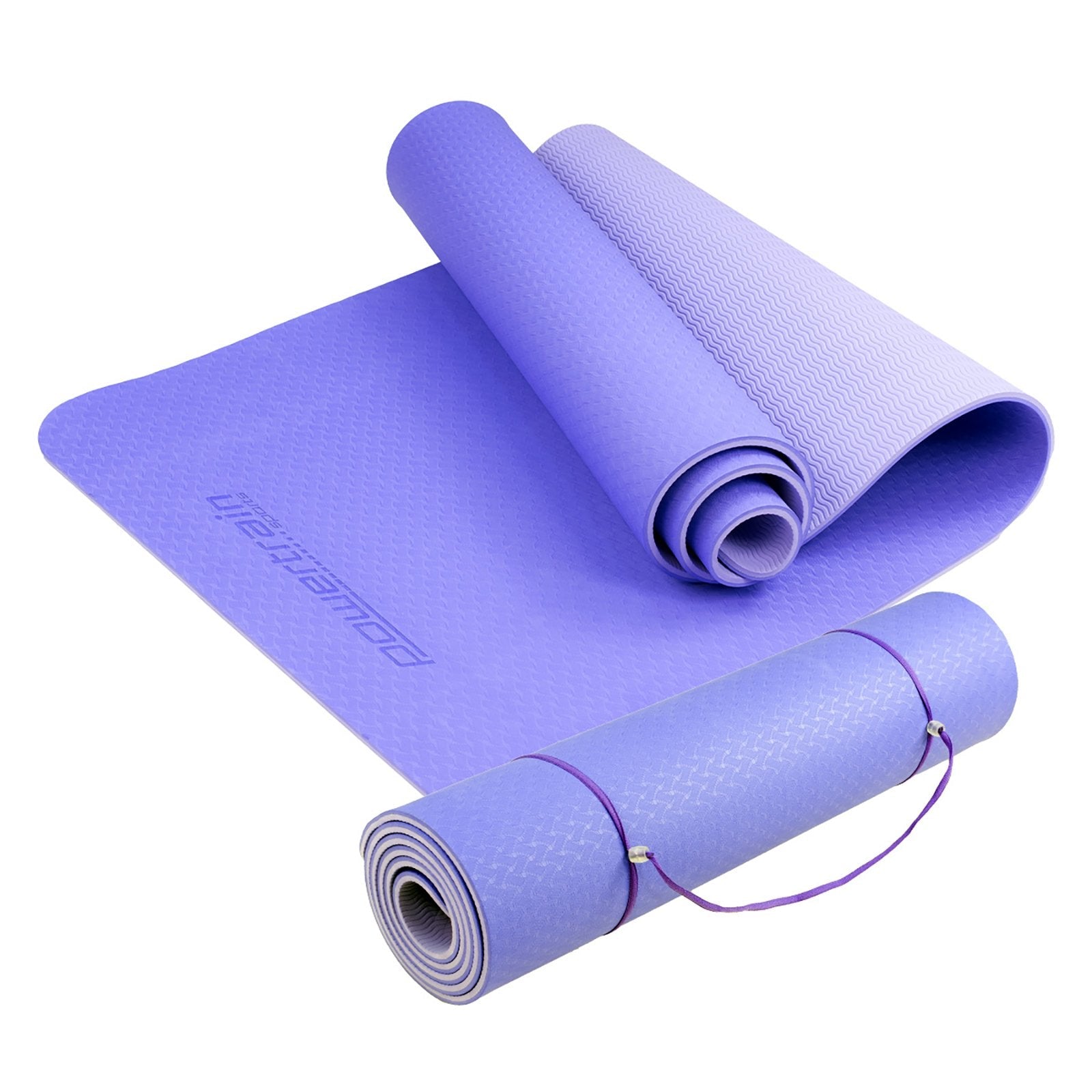 Purple Powertrain TPE Pilates Exercise Yoga Mat 8mm partially rolled with a carrying strap