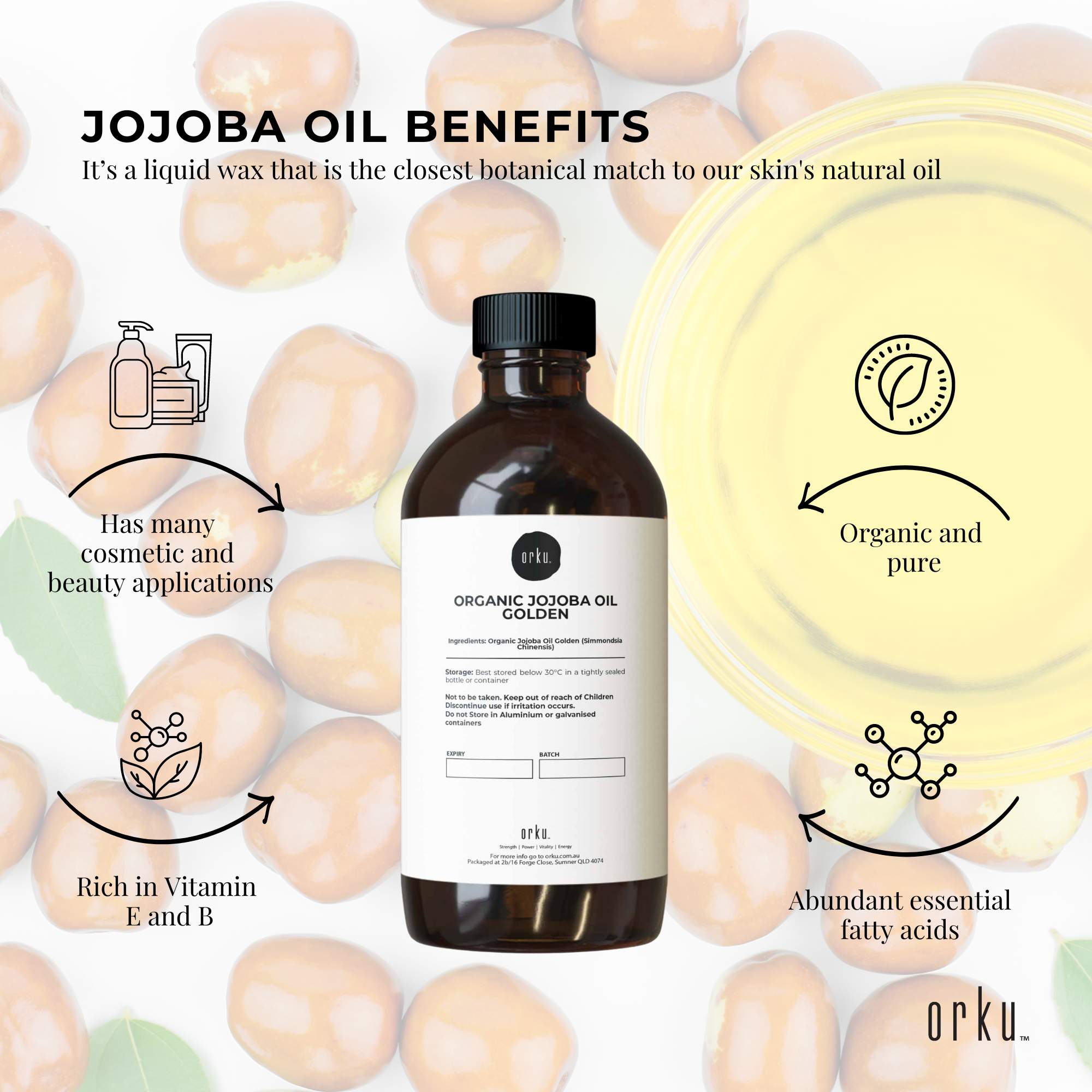500ml Organic Jojoba Oil - Golden Pure Cold Pressed Seed For Hair Skin Nails - Health & Beauty > Skincare > Facial