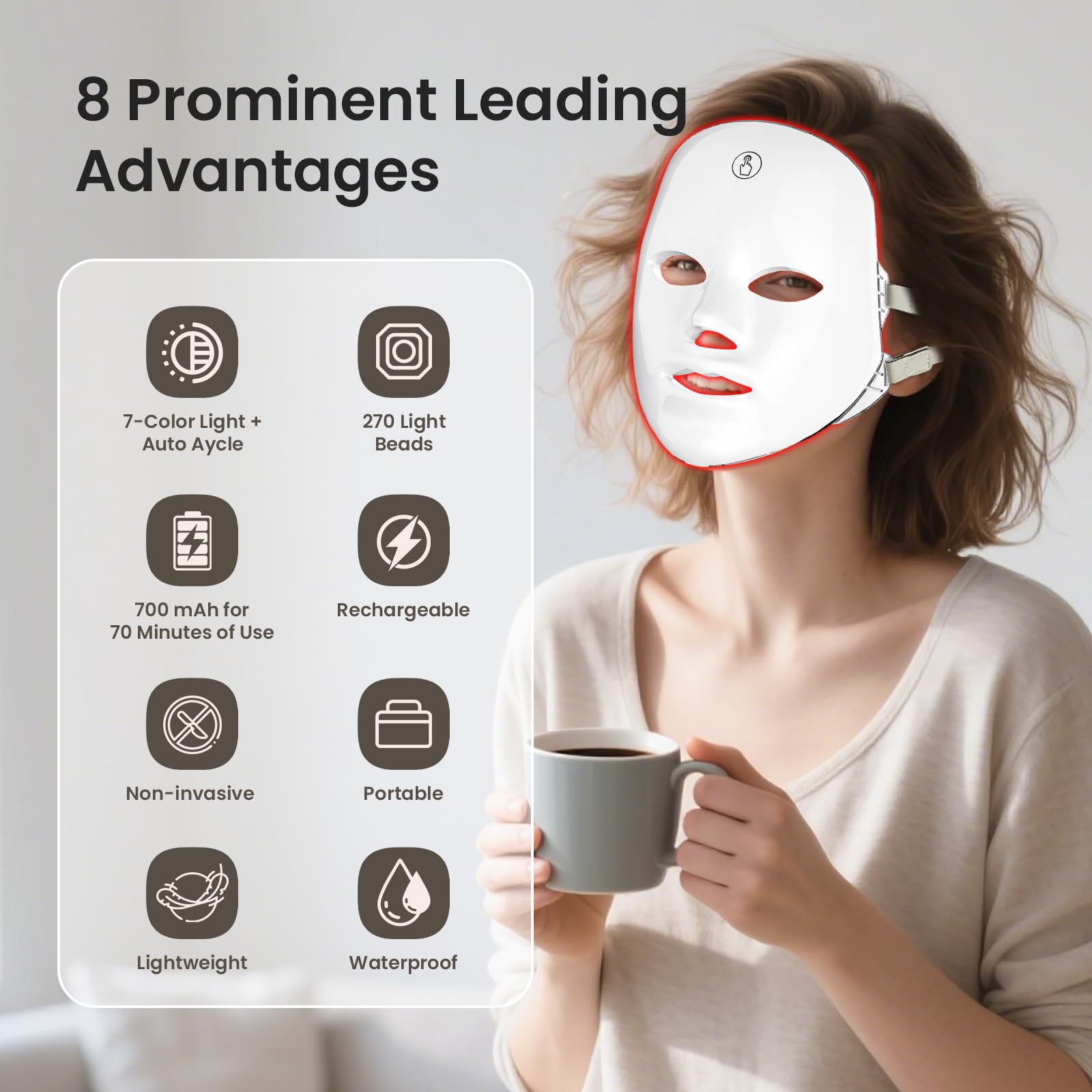 Premium 7-Color Facial Light Mask for Home Skincare - Rechargeable LED Beauty Device with 270 LEDs, One-Touch Control & Auto-Timer (White with Gold Trim) | Other Colors Available in Store