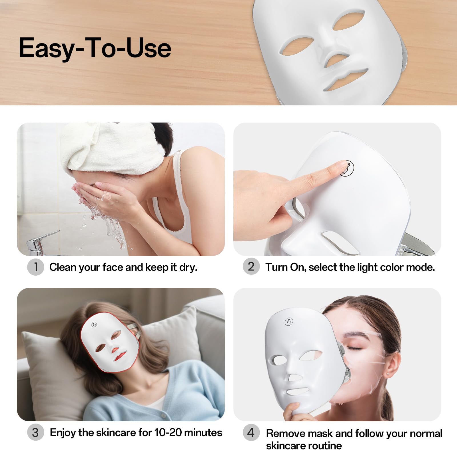 Premium 7-Color Facial Light Mask for Home Skincare - Rechargeable LED Beauty Device with 270 LEDs, One-Touch Control & Auto-Timer (Black with Gold Trim) | Other Colors Available in Store
