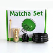 Premium Black Ceremony 4-Piece Matcha Ceramic Tool Set - Gift Box with Whisk (Chasen), Whisk Holder (Chasen Kuse-Naoshi), Bowl, and Scoop