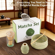 Premium Black Ceremony 4-Piece Matcha Ceramic Tool Set - Gift Box with Whisk (Chasen), Whisk Holder (Chasen Kuse-Naoshi), Bowl, and Scoop