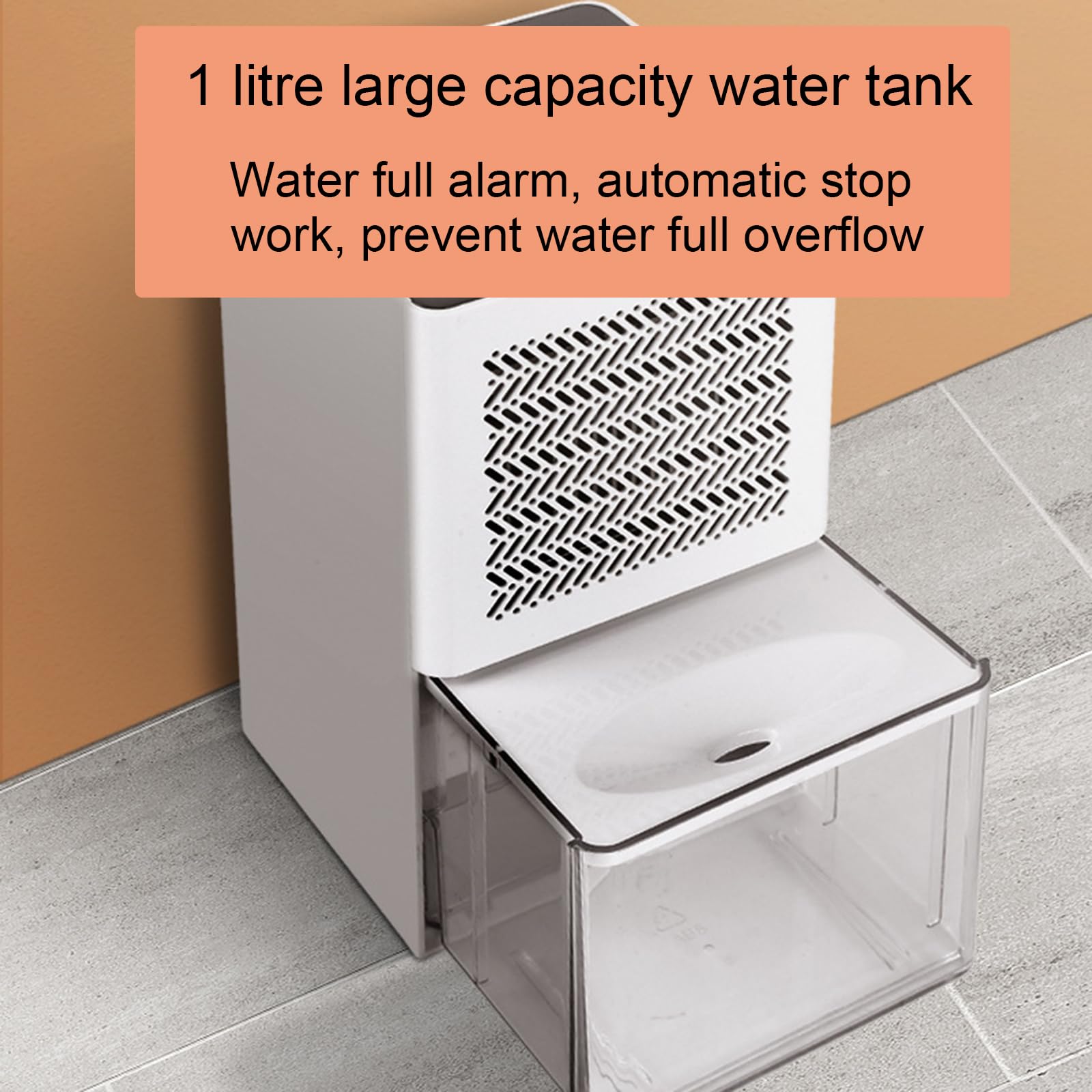 Premium Dehumidifier - has a transparent 1-liter water tank, is quiet in use, and has an automatic shut-off function. It is suitable for indoor spaces such as basements, bathrooms, campers, and wardrobes.