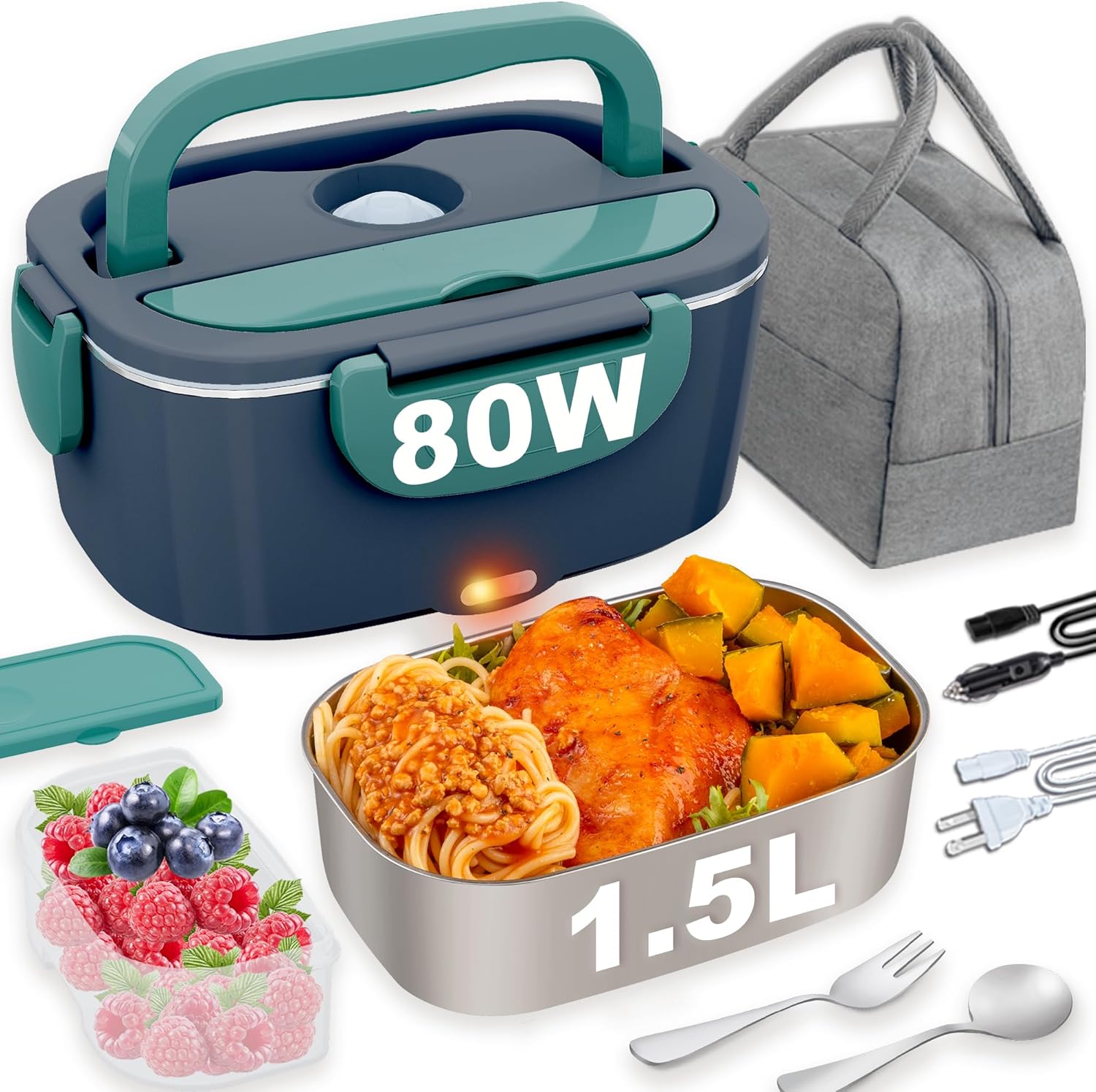 Premium Electric Heated Lunch Box for Men/Women Home 80W Portable Food Warmer with 110V-250V Stainless Steel Leakproof Container for Work Travel Jobsite Camping Christmas White Elephant Gifts
