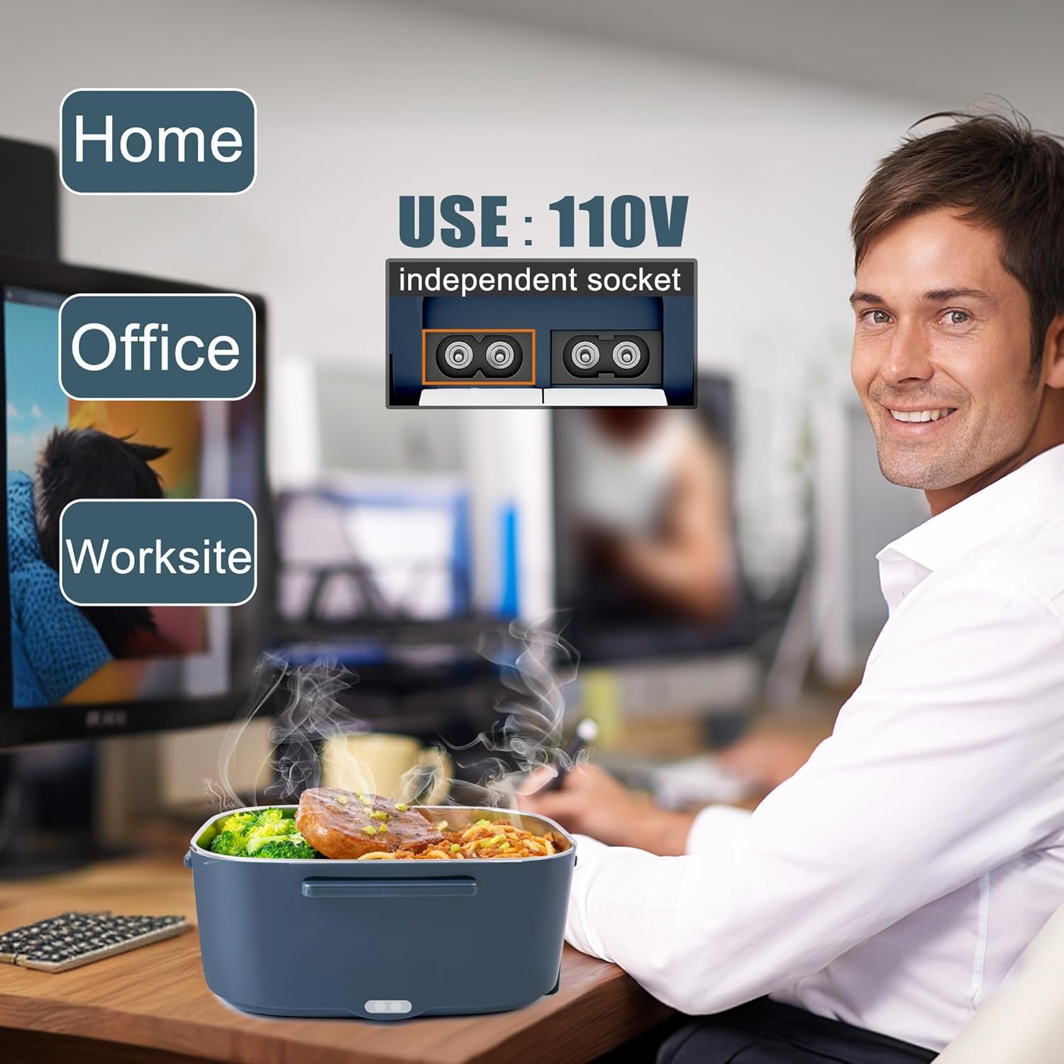 Premium Electric Heated Lunch Box for Men/Women Home 80W Portable Food Warmer with 110V-250V Stainless Steel Leakproof Container for Work Travel Jobsite Camping Christmas White Elephant Gifts