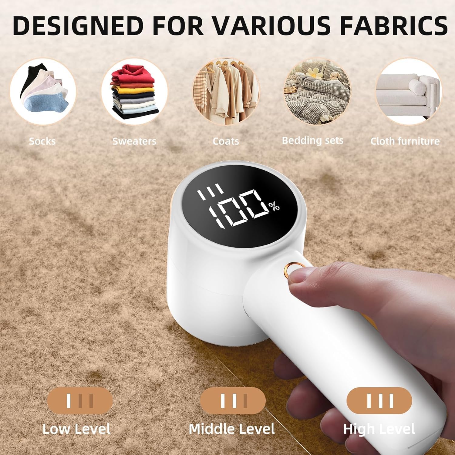 Premium Electric Lint Remover - Rechargeable Lint Shaver - With LED Display - 3 Speeds - Sweater Depiller - White