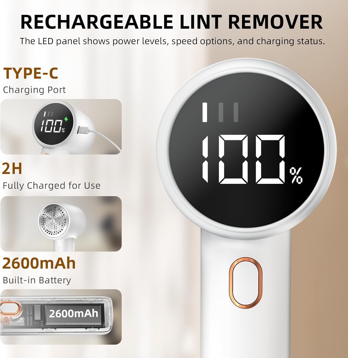 Premium Electric Lint Remover - Rechargeable Lint Shaver - With LED Display - 3 Speeds - Sweater Depiller - White