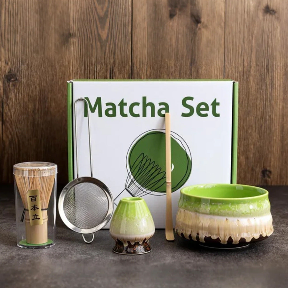 Premium Gradient Green Ceremony 5-Piece Matcha Ceramic Tool Set - Gift Box with Whisk (Chasen), Whisk Holder (Chasen Kuse-Naoshi), Bowl, Sieve, and Scoop