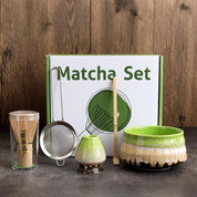 Premium Gradient Green Ceremony 5-Piece Matcha Ceramic Tool Set - Gift Box with Whisk (Chasen), Whisk Holder (Chasen Kuse-Naoshi), Bowl, Sieve, and Scoop