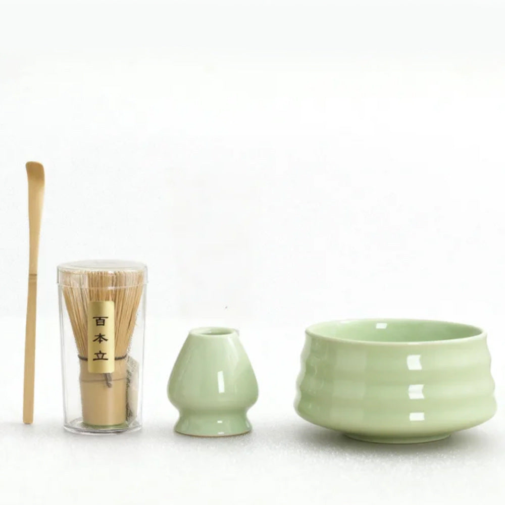 Premium Green Ceremony 4-Piece Matcha Ceramic Tool Set - Gift Box with Whisk (Chasen), Whisk Holder (Chasen Kuse-Naoshi), Bowl, and Scoop