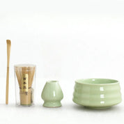 Premium Green Ceremony 4-Piece Matcha Ceramic Tool Set - Gift Box with Whisk (Chasen), Whisk Holder (Chasen Kuse-Naoshi), Bowl, and Scoop