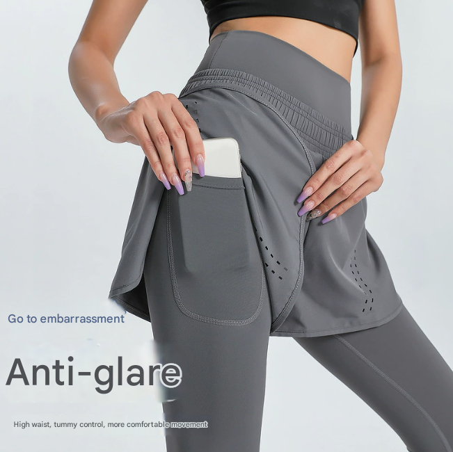 Premium M Grey Women's High-Waist Athletic Skort with Built-In Shorts - Breathable Quick-Dry Running Skirt with Phone Pocket