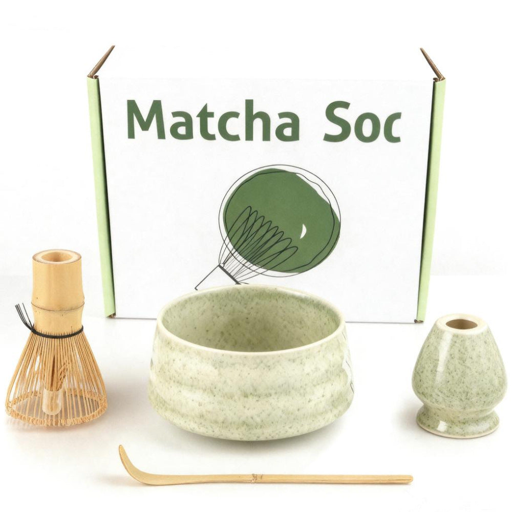 Premium Matcha Color Ceremony 4-Piece Matcha Ceramic Tool Set - Gift Box with Whisk (Chasen), Whisk Holder (Chasen Kuse-Naoshi), Bowl, and Scoop